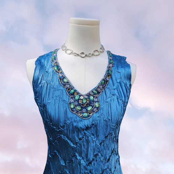 Komarov Blue Embellished V Neck Layered Formal Wedding Cocktail Tank Dress Sz S - Picture 2 of 7